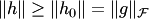 $\|h\|\ge\|h_0\|=\|g\|_ {\cal F}$