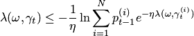 \begin{equation*} \lambda(\omega,\gamma_t)\le -\frac 1\eta\ln\sum_{i=1}^Np_{t-1}^{\left(i\right)}e^{-\eta\lambda(\omega,\gamma_t^{\left(i\right)})} \end{equation*}