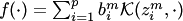 $f(\cdot)=\sum_{i=1}^pb^m_i {\cal K}(z^m_i,\cdot)$